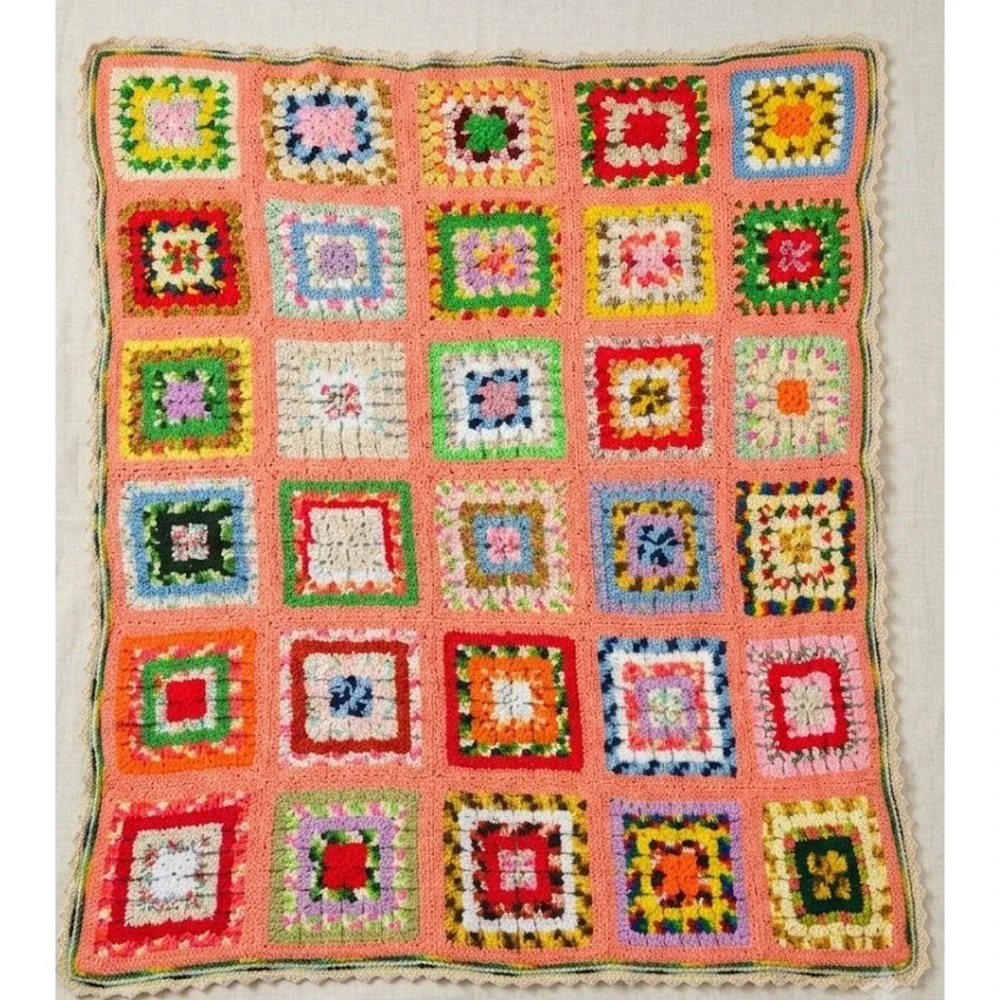 Vintage Granny Square Afghan Blanket Orange Multi Crochet Motifs 95''x115'' L